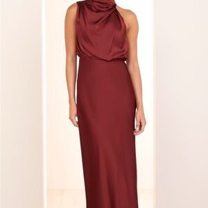 Pretty Garden High Neck Satin Midi Dress Burgundy Formal Event Size S